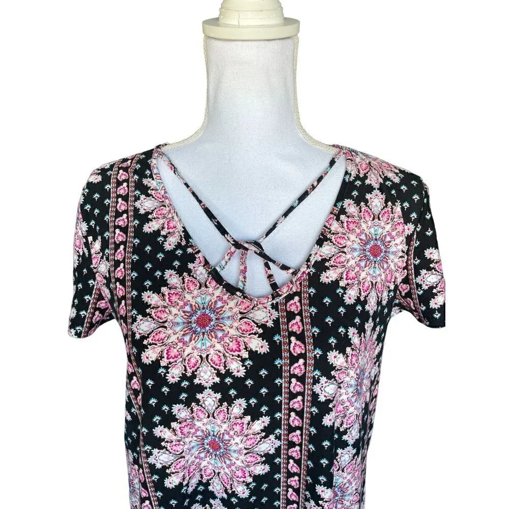 Pink Rose Dress Women's Size Large Short Sleeve Stretchy Black Pink Teal